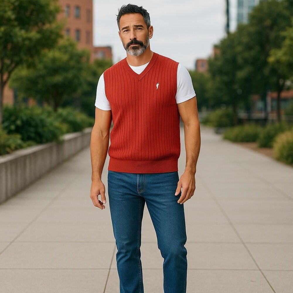 Fairway Outfitters Mens Large Sweater Vest Rust Cotton Cable Knit Golf Pullover